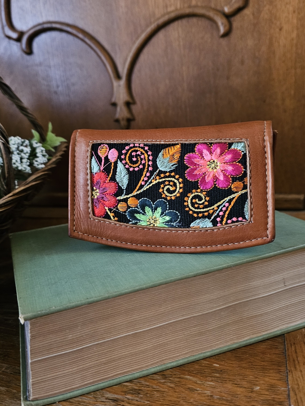 Brown Leather Wallet with Embroidered Floral Panel - Multicolor